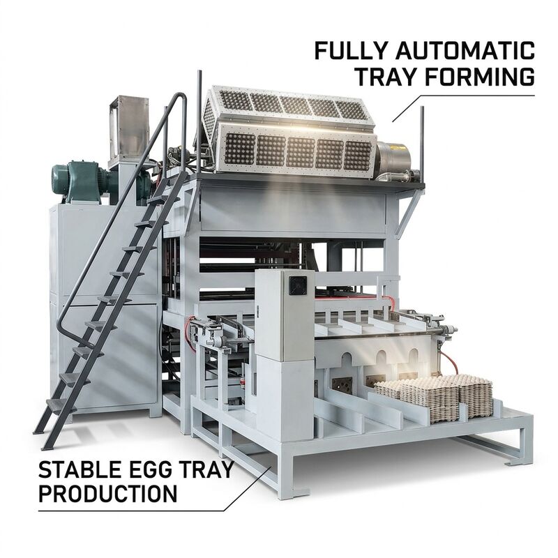 Mesin pembuatan bak telur dengan output 10.000 pcs / jam, sistem stacking otomatis dan input kertas daur ulang untuk produksi bak pulp kertas yang efisien